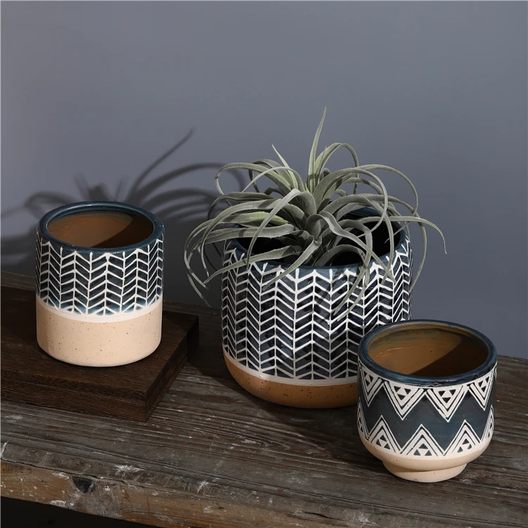 Cheap price desktop decorative pattern garden stoneware cactus plant pot