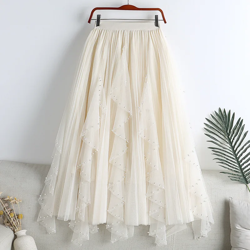 Summer New Pink Ball Gowns Sweet Tulle Skirt Women Elegant Asymmetric Mesh Lace Princess Dresses Beads A Line Skirts For Party