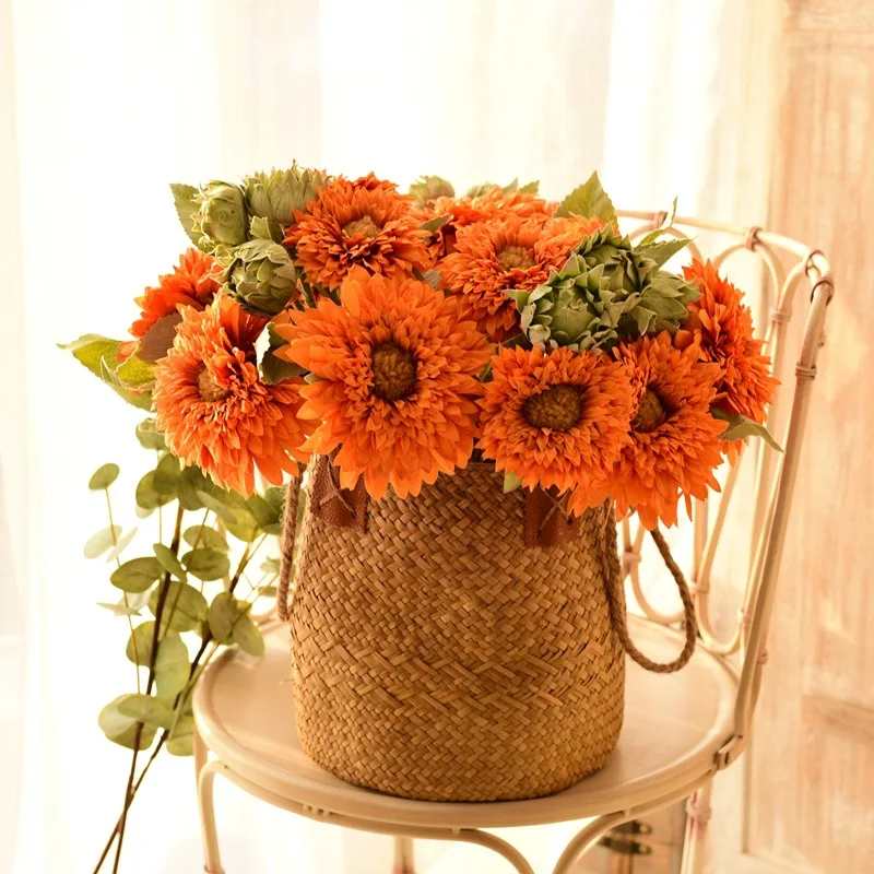 High Quality Gift Silk Flowers Yellow Artificial Dried Flower Bunch Teddy Sunflower For Home Wedding Decoration