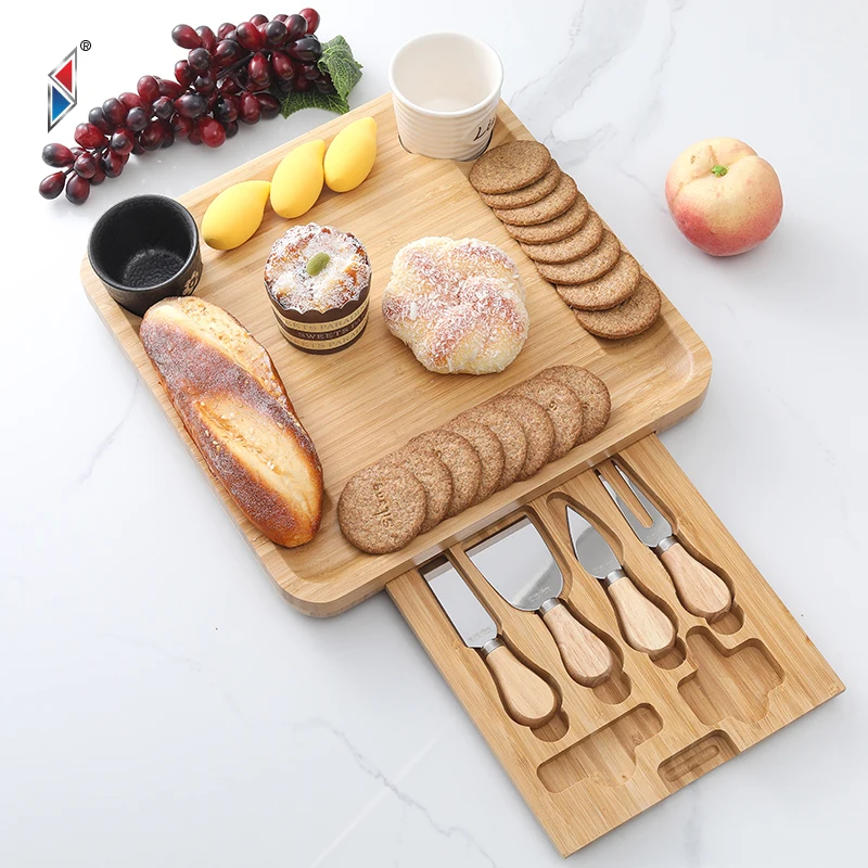 Bamboo Cheese Board Set Magnetic Slide-out Drawers Charcuterie Plate Set With Ceramic Bowls And Cutlery Knife