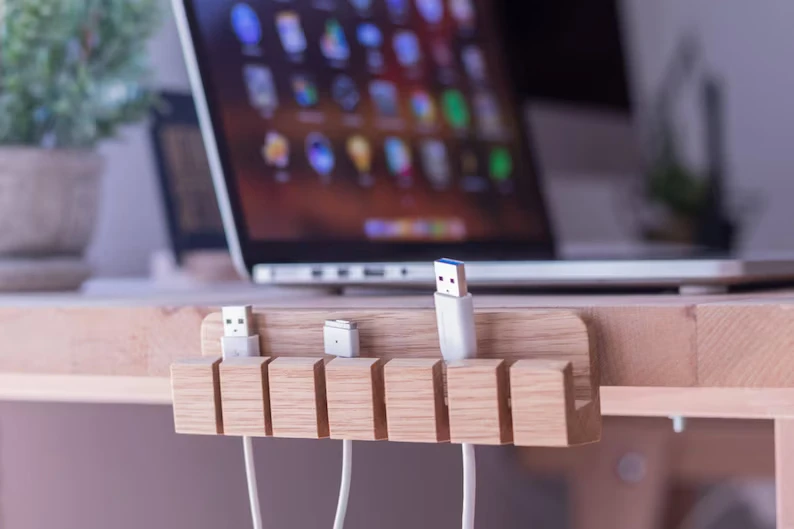 Office Desk OrganizerWooden Cable and Charger Organizer  Cable Management for Power Cords and Charging Cables