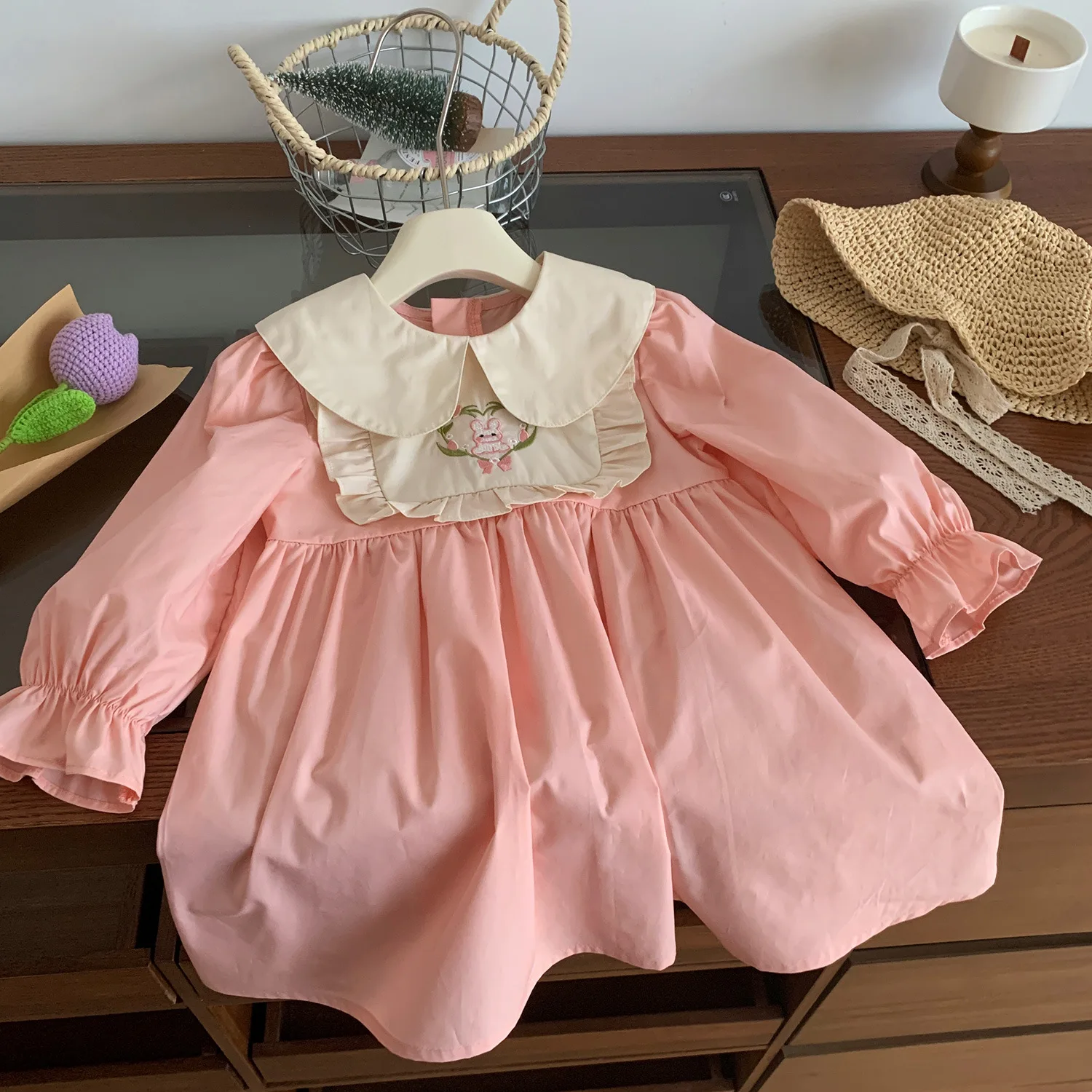 2024 милые розовые платья для девочек с длинными рукавами для маленьких От 2 до 7 лет