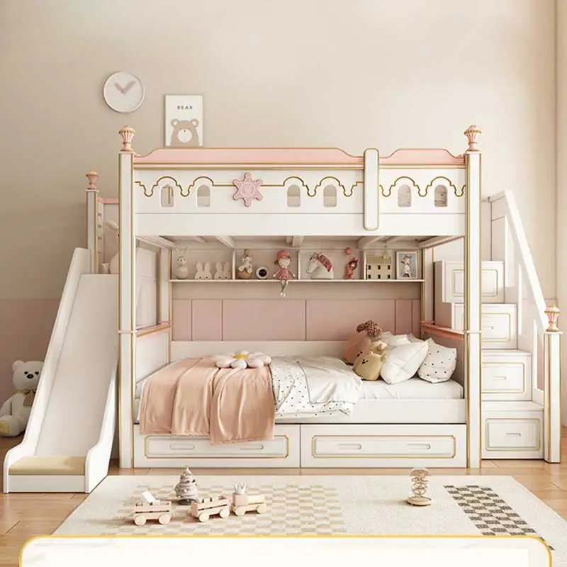 Modern White Wooden Princess Castle Girls Children Bed Home Furniture Bedroom Wood Luxury Double Kids Bunk Bed With Slide