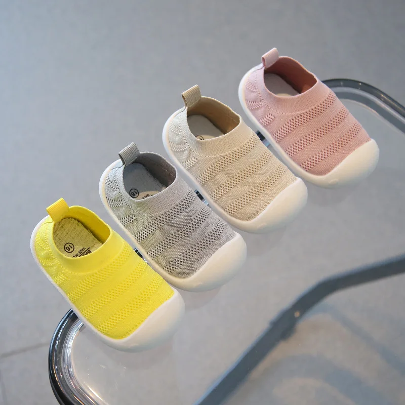 Spring Fall Toddlers Shoes Fly Woven Upper Mesh Shoes Stretch Knit Breathable Upper Low Top Baby Shoes Slip-Ons Bright Yellow