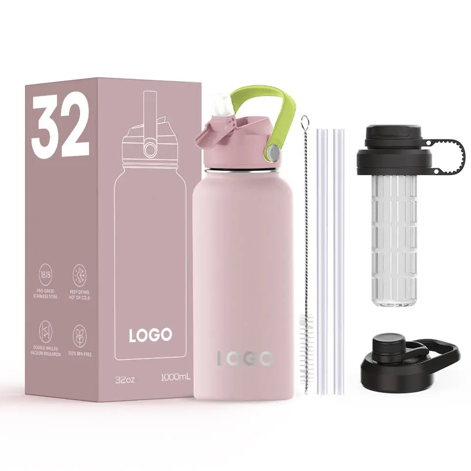 Custom Logo stainless steel insulated vacuum flasks with wide mouth water bottle 32oz 40oz infuser stainless steel sports bottle