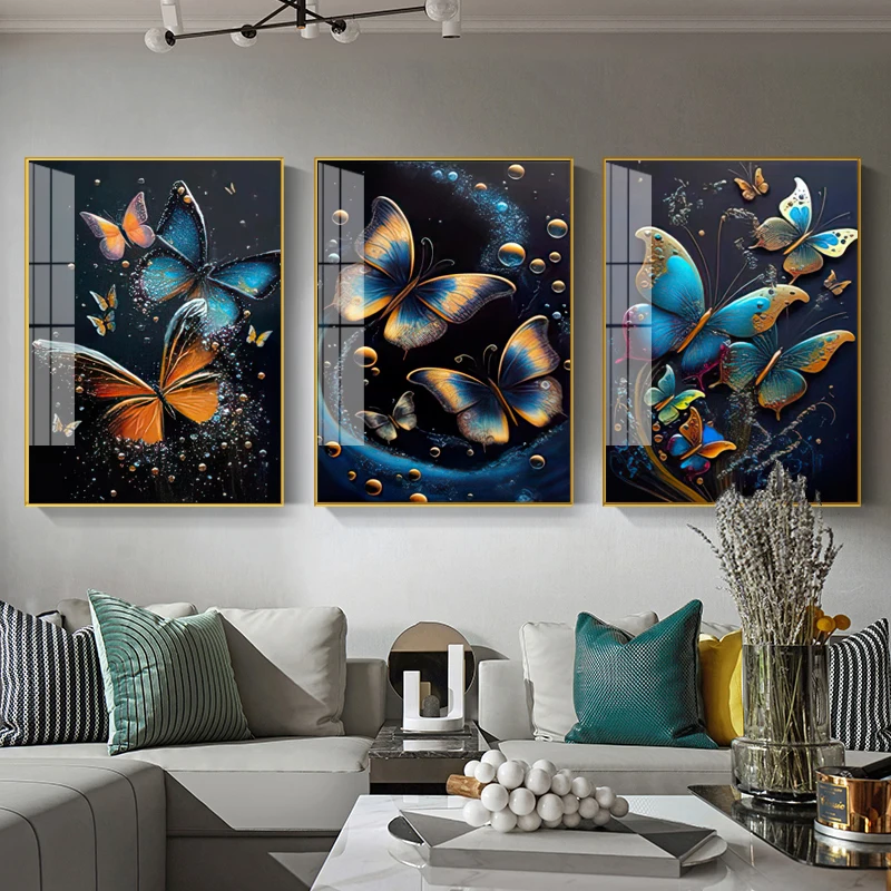 Custom modern animal painting  silver line craft butterfly art  wall decor  crystal porcelain painting with stone for home