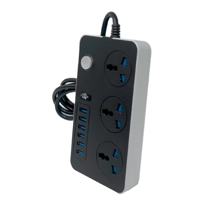 High quality Competitive price black extension 3 way plug outlet electric board switch power strip socket with 6 usb