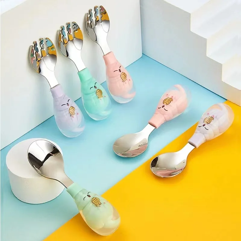 2024 Gk 316 stainless steel cartoon cutlery kindergarten gift kids cute silicone fork spoon tableware set
