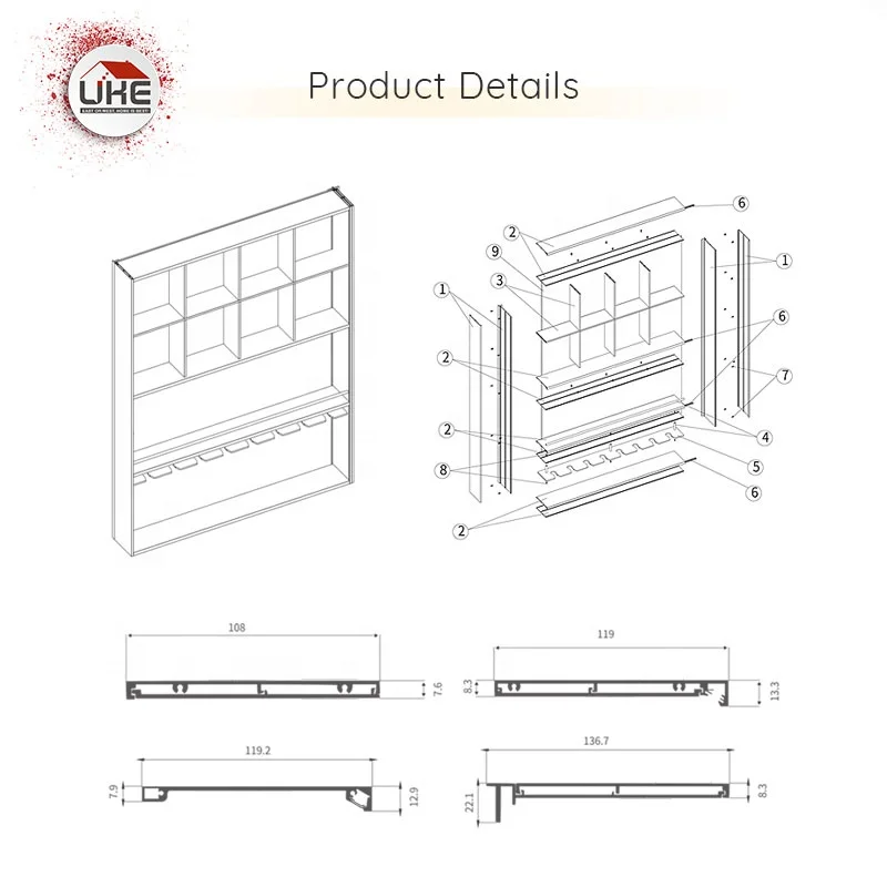 Wine Cabinet Aluminum Shelf With Hanging Cup Holder Minimalist Kitchen Shelving Built-In Led Light Wines Storage Rack