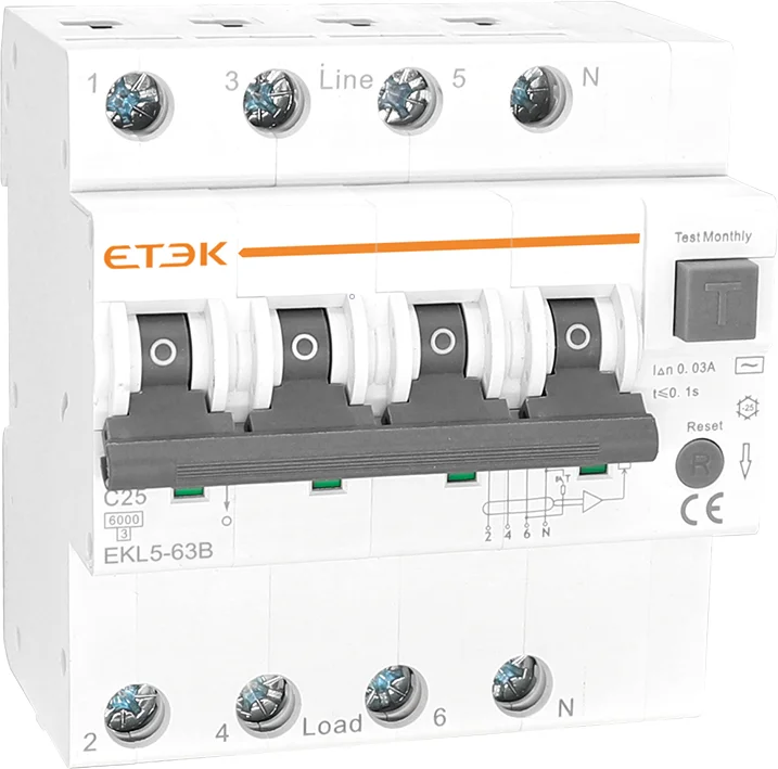 ETEK EKL5-63 6KA 3P+N 25A 100mA Type AC RCBO Residual Current Breaker with Overcurrent Protection with CE Approval