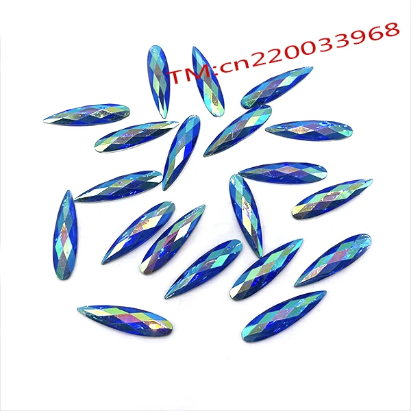 Wholesale Glue On Blue Crystal AB Stone Flat Back 9*36mm Acrylic Teardrop Rhinestone Resin Applique For Wedding Dress Decoration