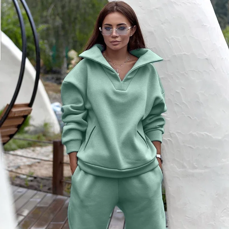 Plus size women half zipper sweatshirts winter fleece tracksuit 2 piece women hoodies set oversized jogger set women