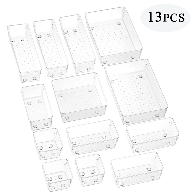 13PCS Clear Plastic Desk Drawer Organizers Set, 5-Size Versatile Bathroom and Vanity Drawer Organizer Trays, storage for makeup