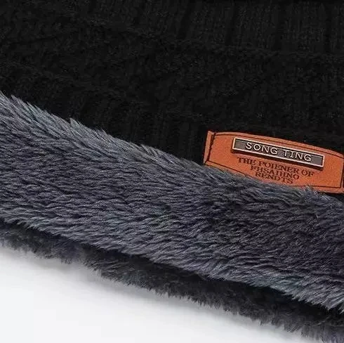 Factory Wholesale Winter Knitted Hat And Scarf Set Fleece Lining Slouchy Beanie Bonnet With SONG TING Leather Patch