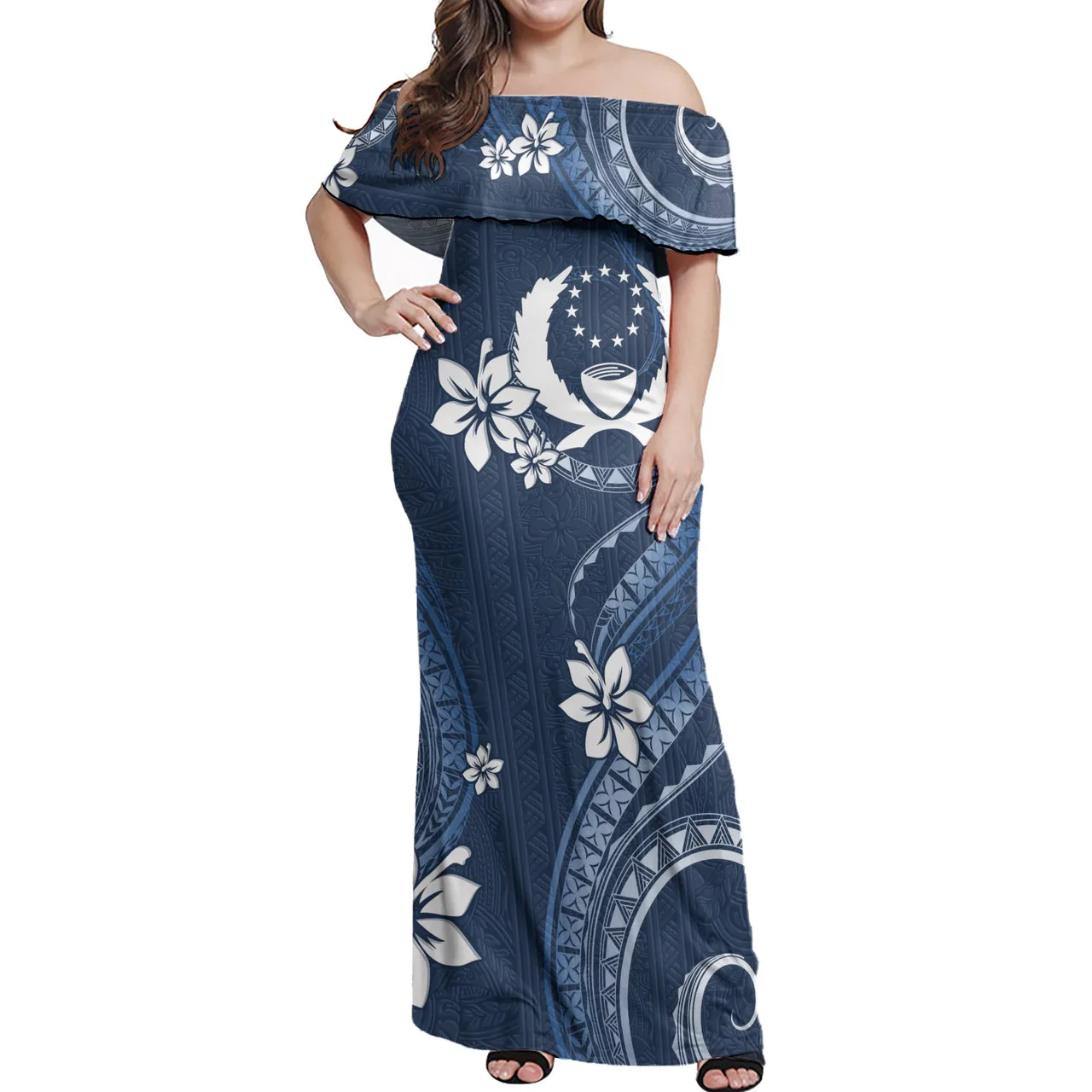Puletasi Pohnpei Off Shoulder Long Dress Pohnpei Coat Of Arms With Turtle Blooming Hibiscus Turquoise Design Banquet Dress 2024