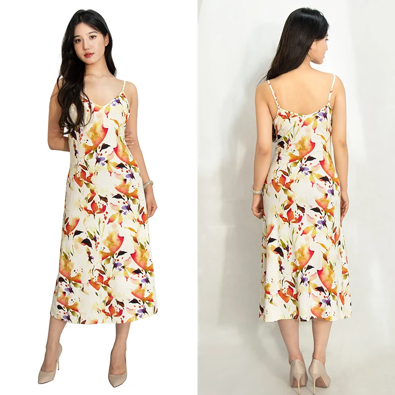 White Base with Maple Leaf Print Sleeveless Dress in Breathable Bamboo-Cotton