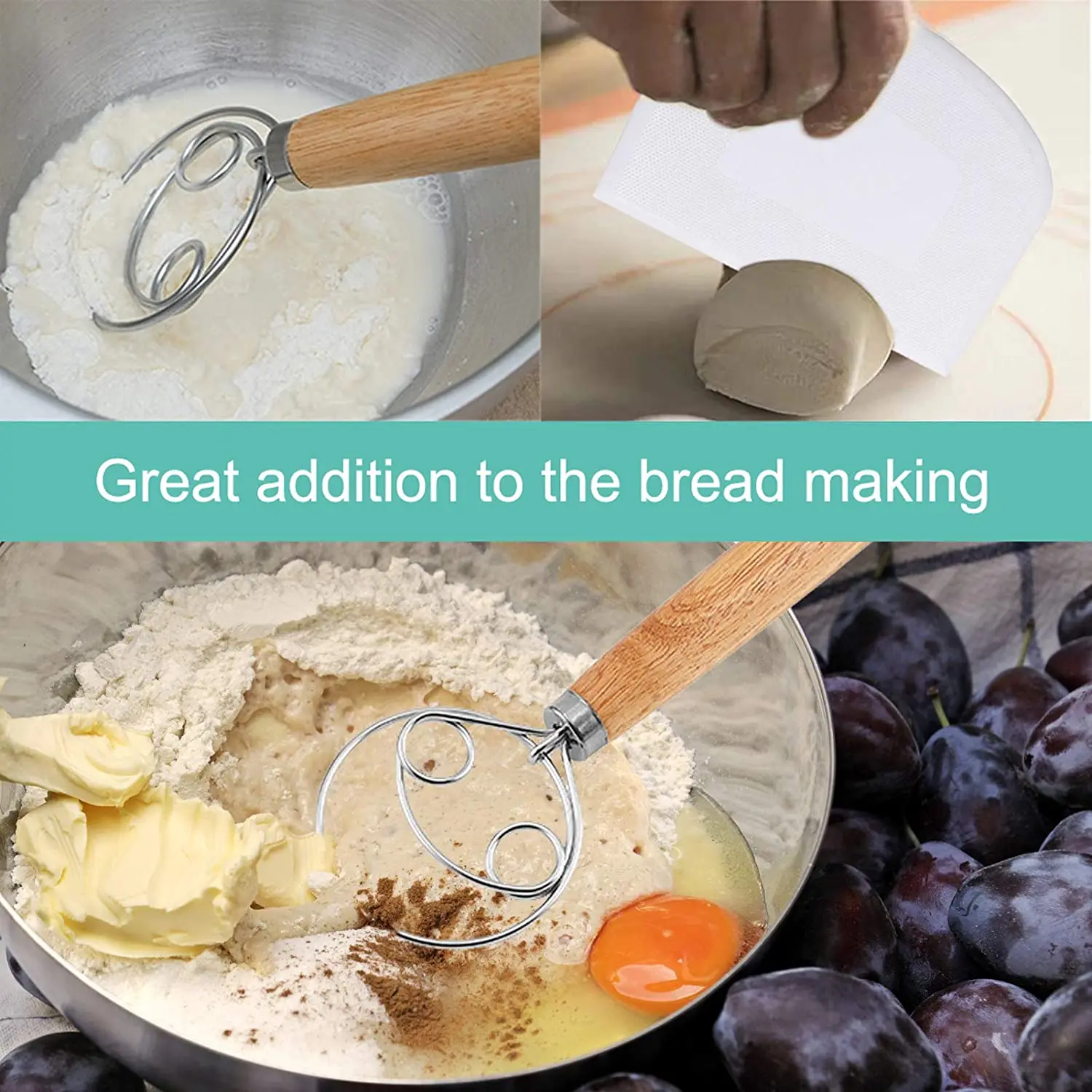 Частная марка Длинная Деревянная ручка и нержавеющая сталь хлеб датский венчик инструмент для выпечки теста Смешивания