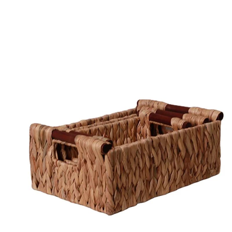 Foldable Wicker Bamboo and Fabric Storage Baskets with Built-In Handles Water Hyacinth Shelves for Home Clothing Organization