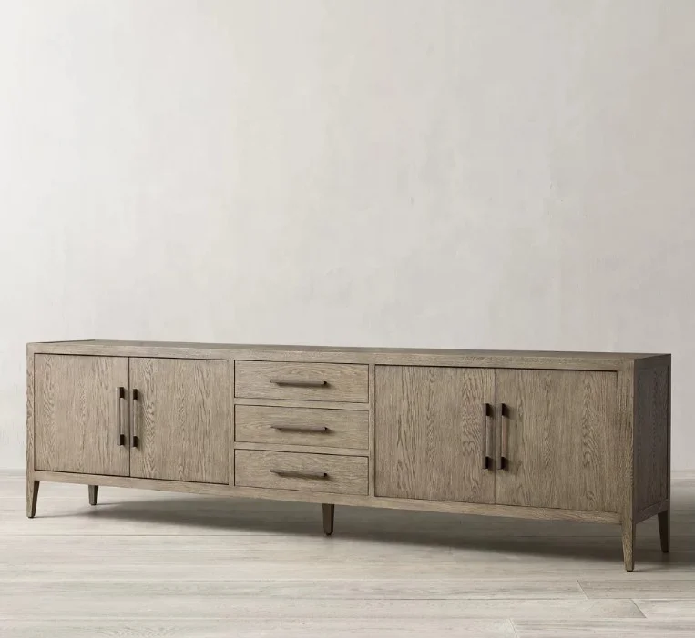 Modern American style living room wood media console French contemporary oak panel 4-door media console with drawer