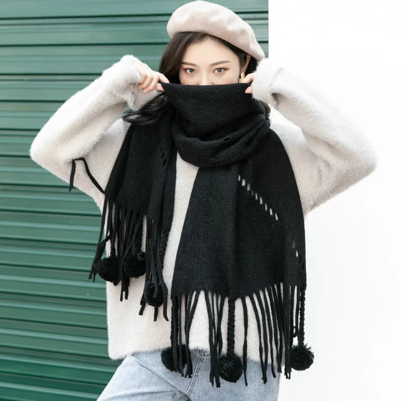 2021 New Style knitted Winter Pure Color Cashmere Pompom Tassel Acrylic shawl blanket Women Warm Scarf