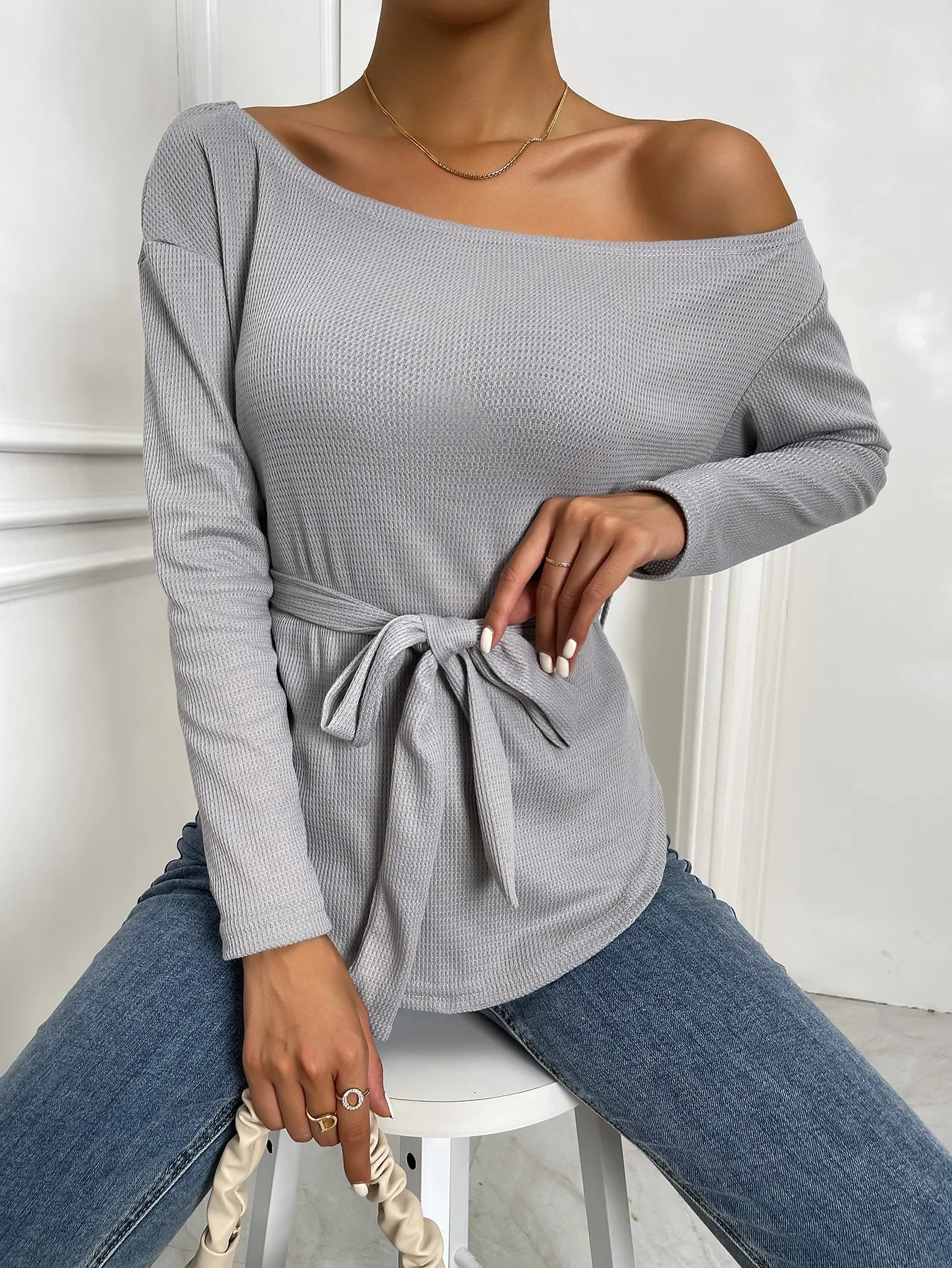 Spring Fall Sexy Asymmetrical Neck Belted Tee Drop Shoulder t-Shirts Knitted Pullover Woman Waffle t-Shirt With Waist Belt