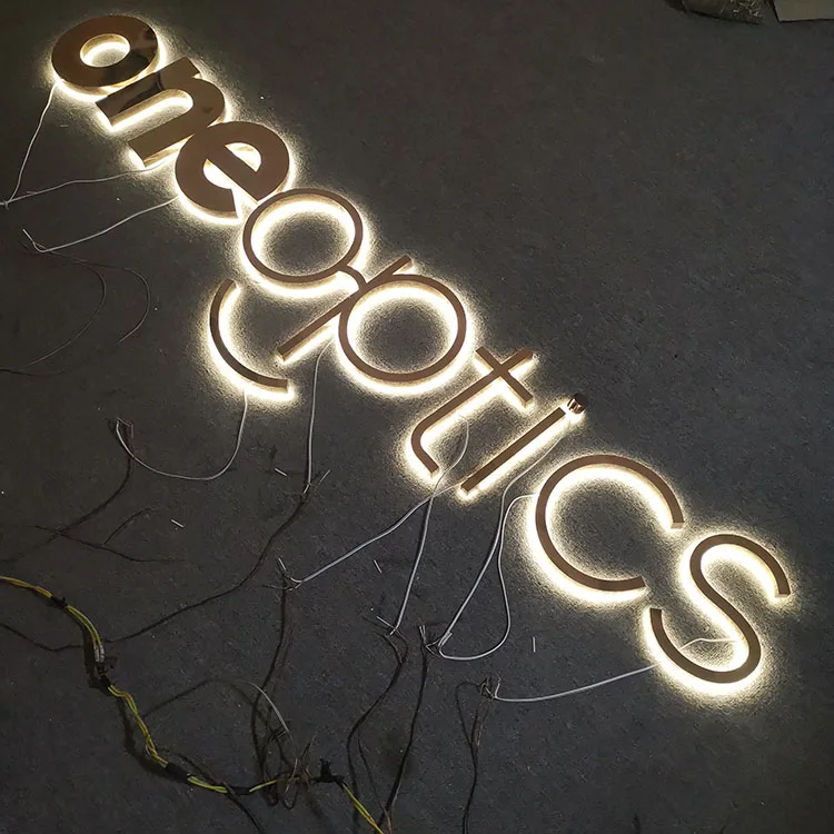 Custom LED Sign Mirror Brushed Stainless Steel Backlit Sign Gold Stainless Steel Signage