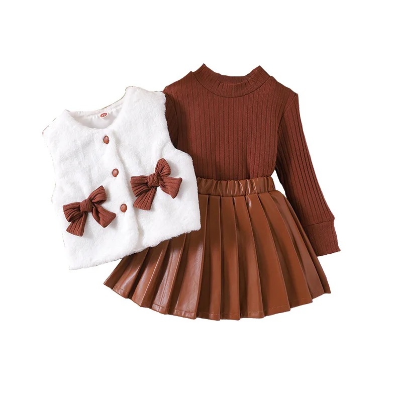 Girls casual clothing sets autumn and winter new long sleeve + sweater vest + PU leather skirt girls three-piece suit