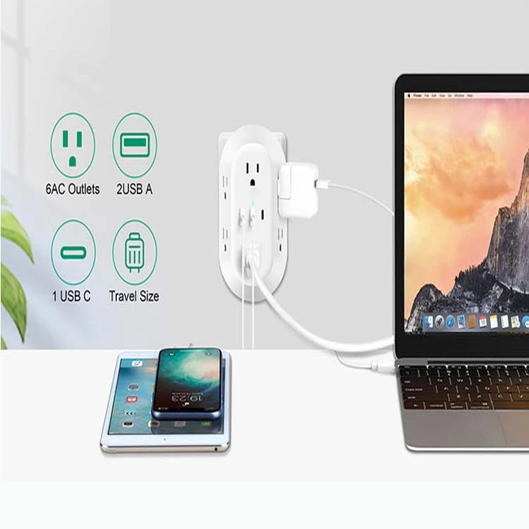 3 Usb 1 Tpye-c Wall Fast Charger 6 Ac Socket Surge Protector Power Board Outlet Extender