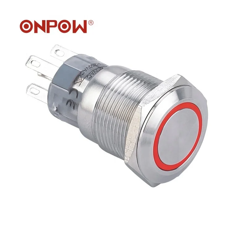 popular type ONPOW LAS1AGQ-11 19mm 1NO1NC momentary ring illuminated brass push button switch