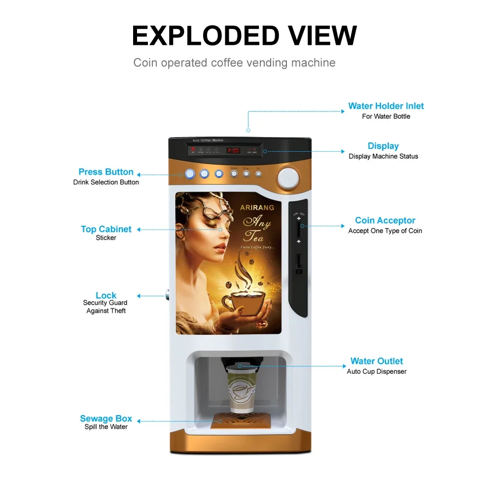 Full Automatic Multifunctional Intelligent Instant Coffee Vending Machine 220V Electric Coin Payment System New Home Use Hotels