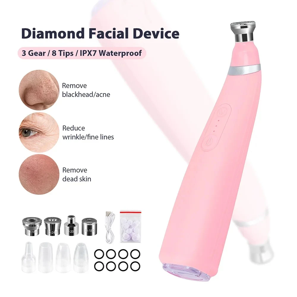 Portable 8 Tips deep facial and diamond peel machine IPX7 Waterproof aqua peel machine  3 Gear  diamond glow machine for facial