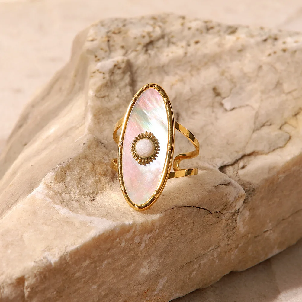 French retro style niche design mother of pearl ring with 18K gold stainless steel oval setting and pearl ring opening