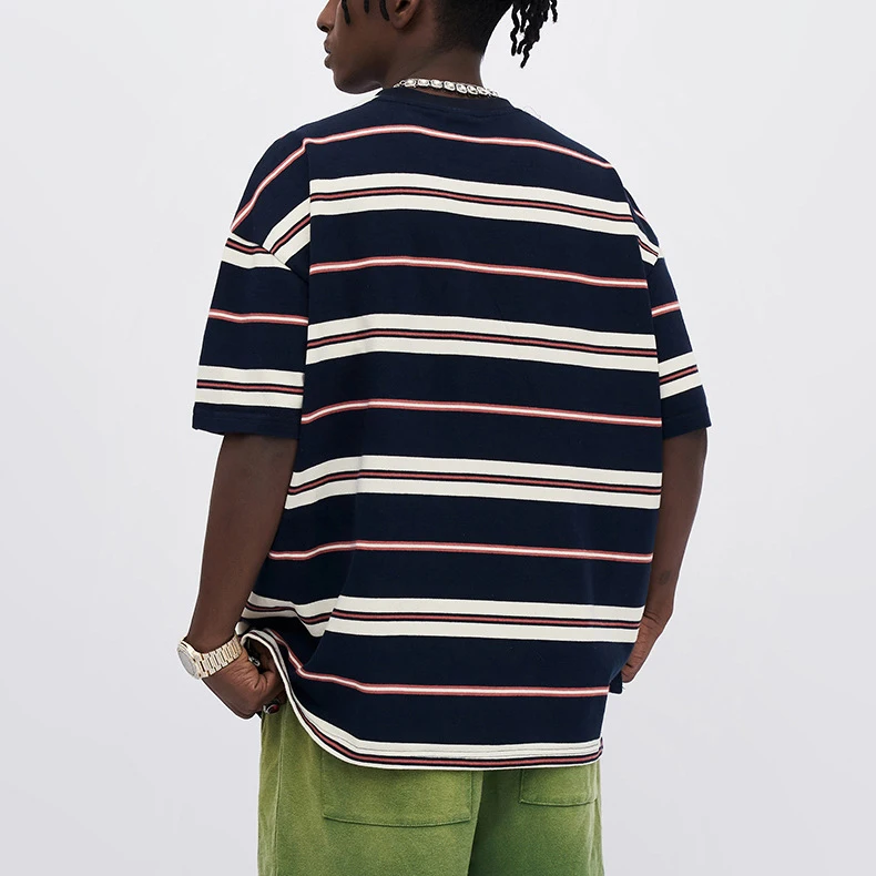 High quality color matching elastic short-sleeved striped color contrast casual tee cotton mens custom logo unisex basic t-shirt