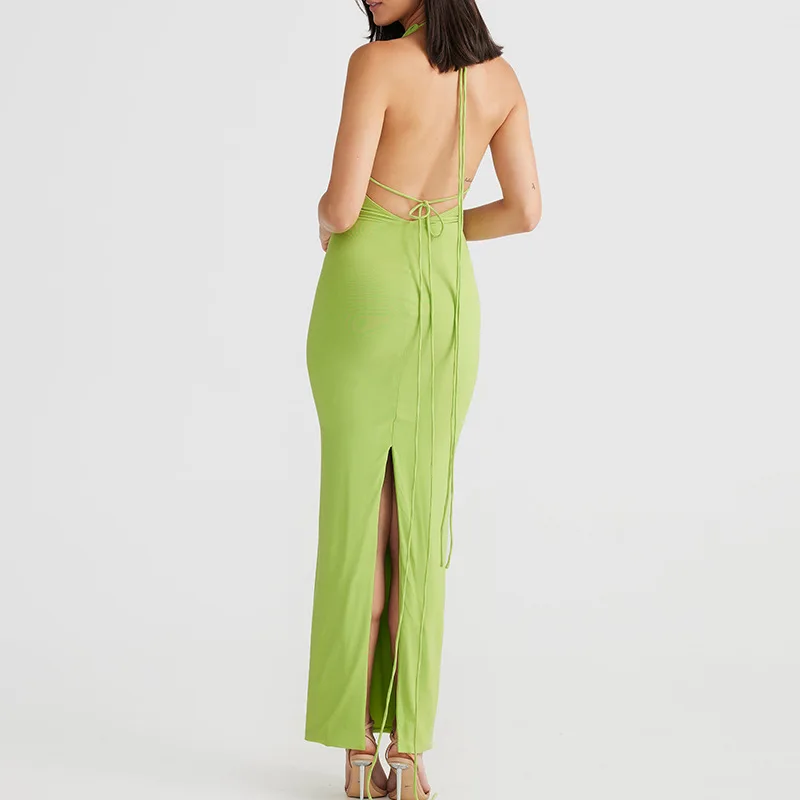 European American ins style fashion new solid color sexy backless cut-out halterneck waist long slit dress women