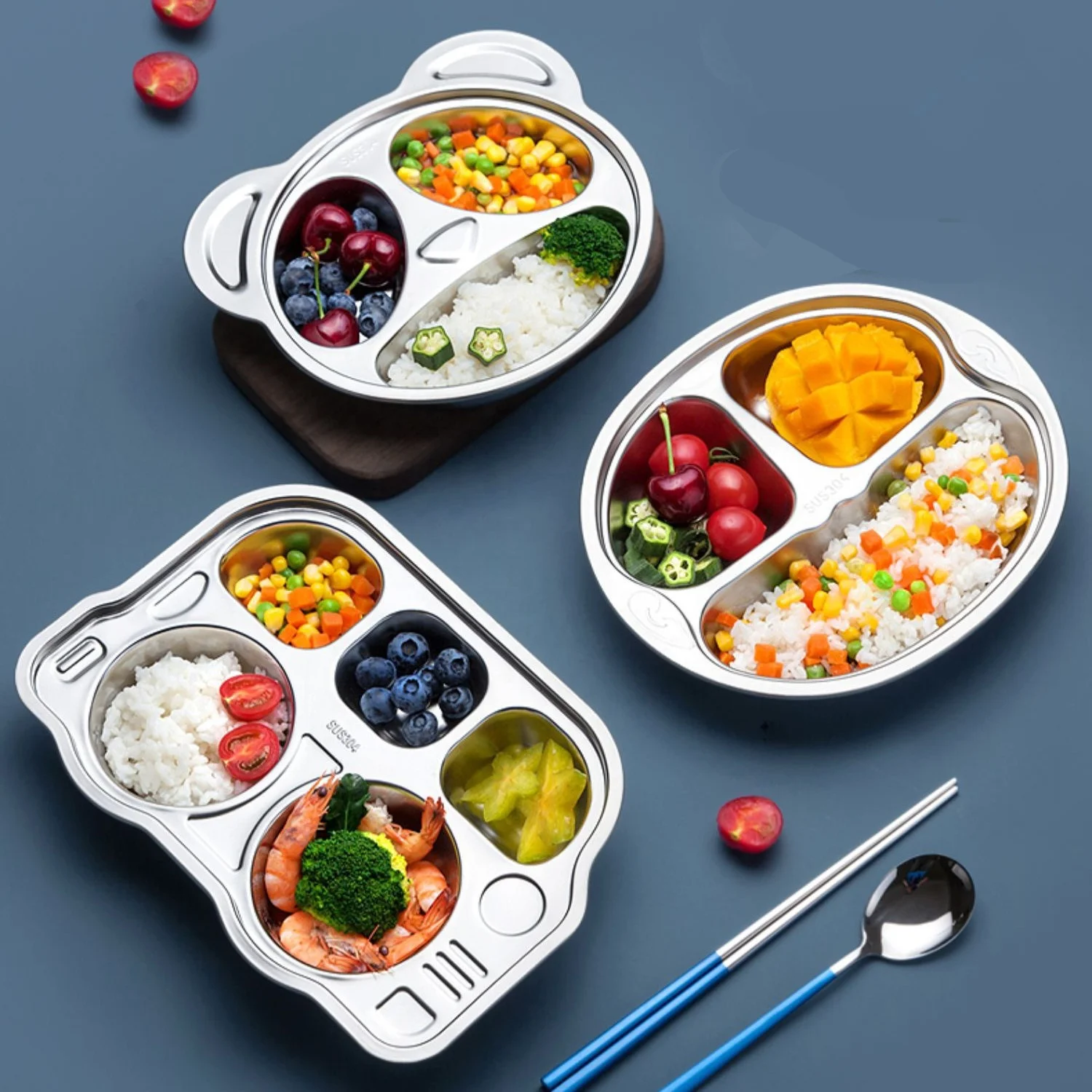 stainless steel 304 kids food plate trays with multi compartments