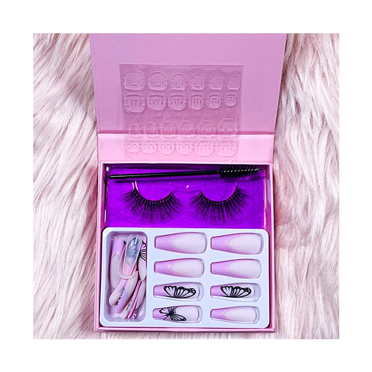 New Arrival Matte Pink Eyelash Packaging Free Sample Women Luxury Press on Nails and Fake Faux Mink Eyelashes Lash Set