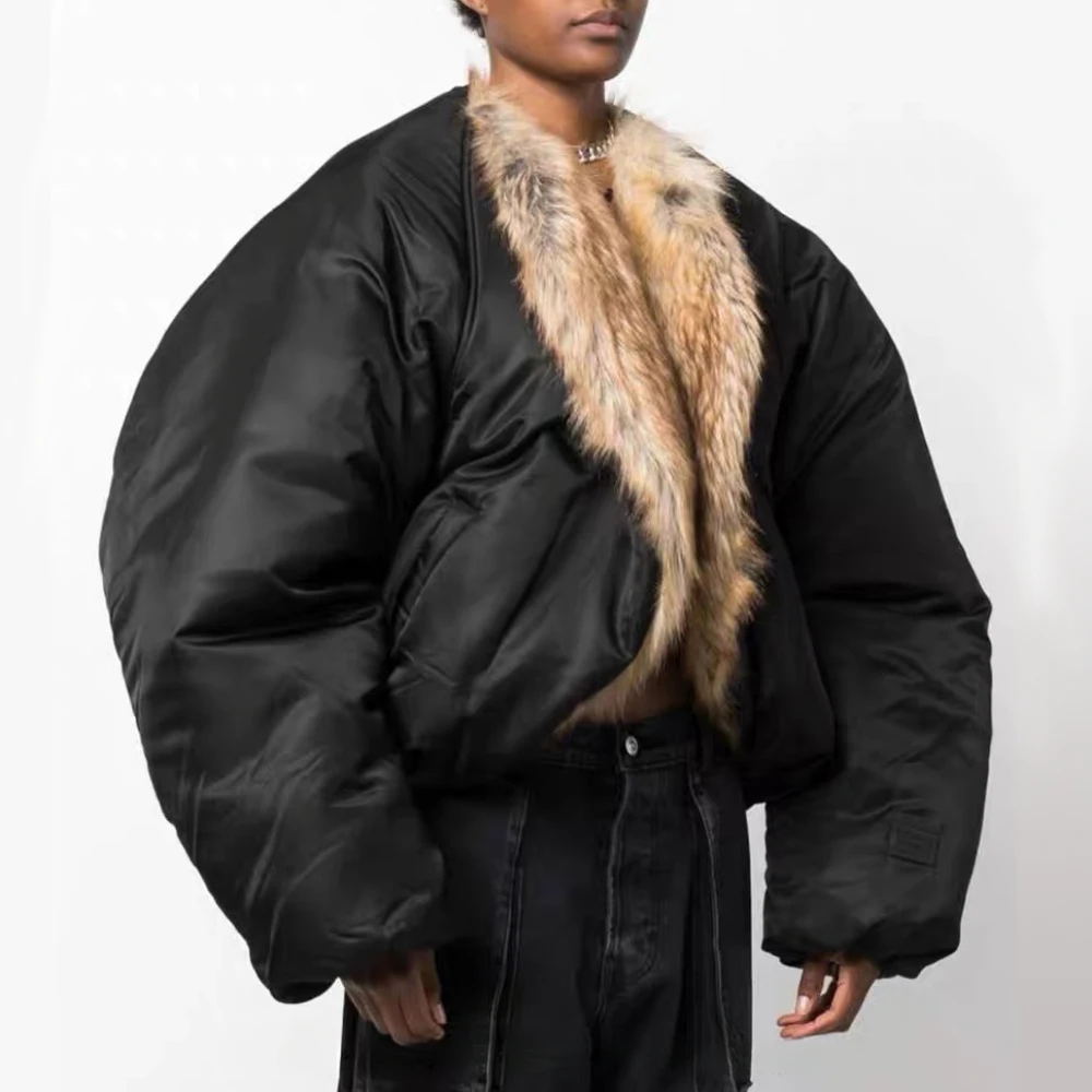 Raccoon Faux Fur Stand Collar Cropped Puffer Jacket Quilted Jackets New Fashion Nylon Duck Down Coat Jackets For Women