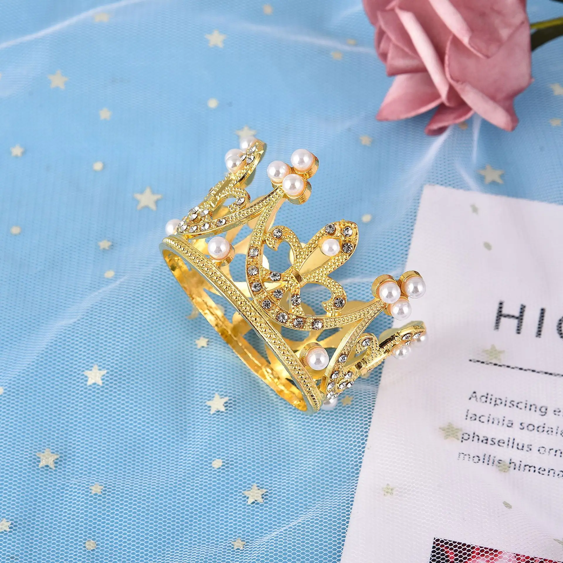 Tondo Mini  Birthday Cake Topper Decoration Crown Pearl Tiara Children Princess Birthday Party Headdress Crown