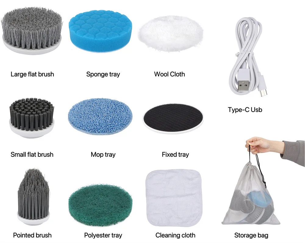 Новое поступление Электрический вращающийся скруббер для очистки ванны с 8 типами сменных щеток голосовое вещание