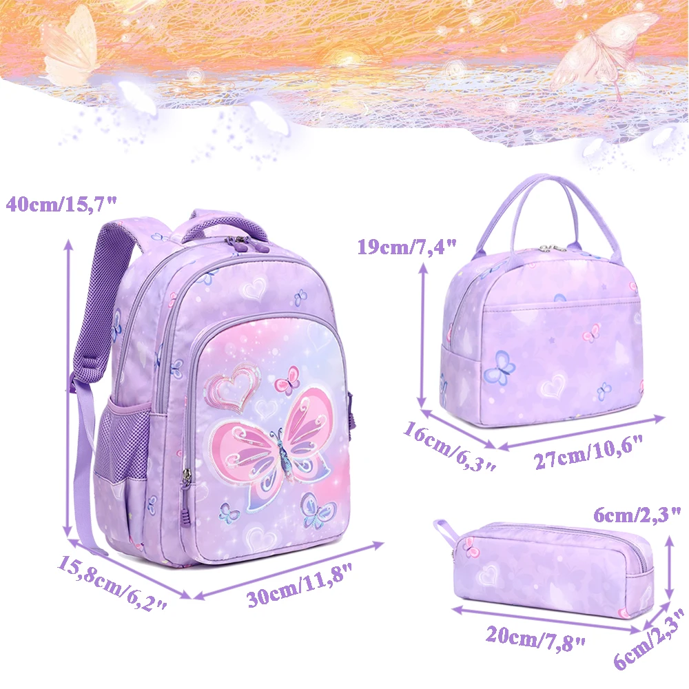Casual 3-in-1 Purple Bead Butterfly Kids Polyester School Backpack Set Durable Waterproof Book Bag Cute Logo Teenage Boys Girls