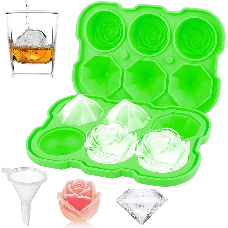 Silicone Ice Mold Fun Shapes With Clear Funnel-type Lid 3 Diamond 3 Rose Ice Balls for Chilling Whiskey Cocktails Drinks