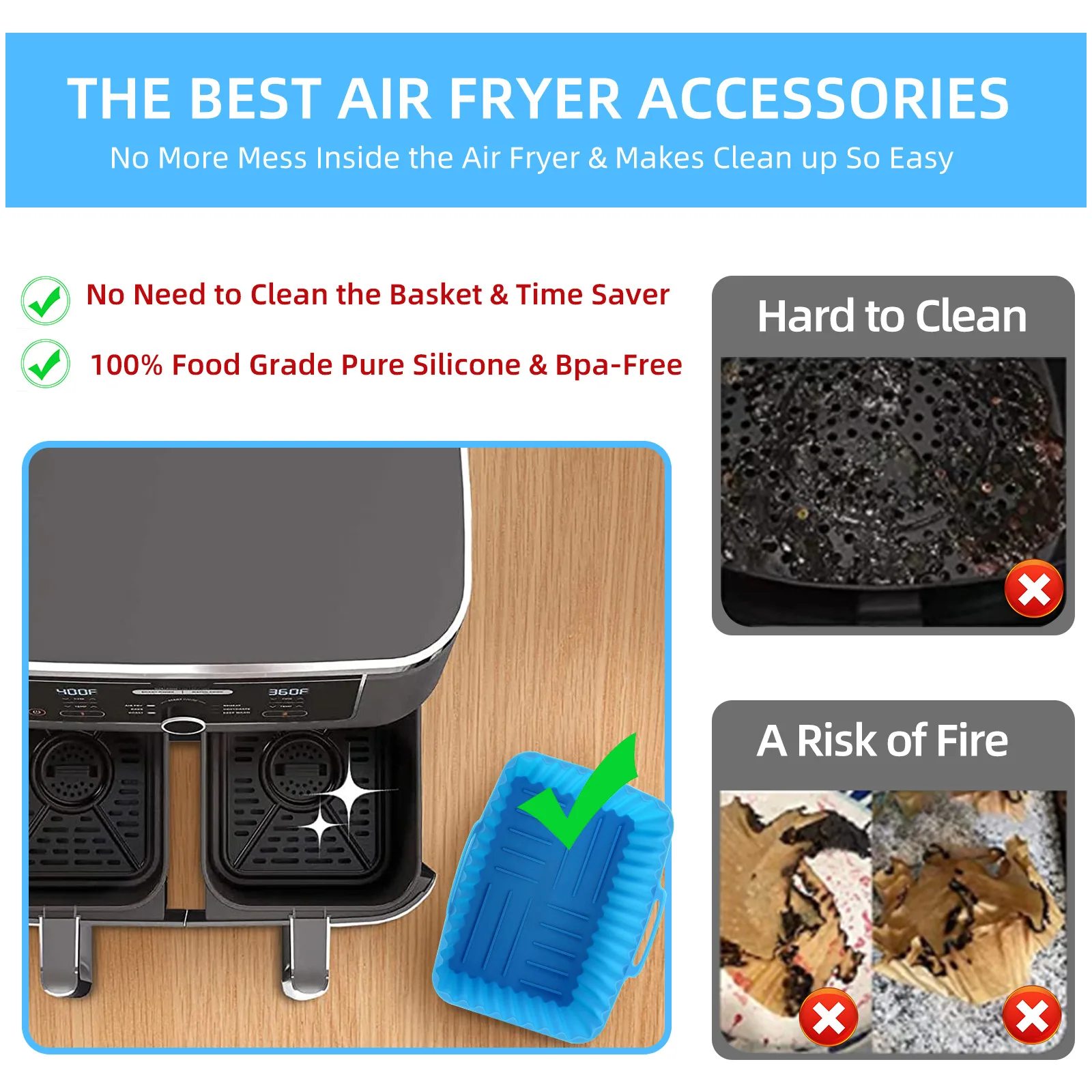 Rectangular Airfryer Silicone Pot Reusable Replacement  Air Fryer Silicone Liners for baking