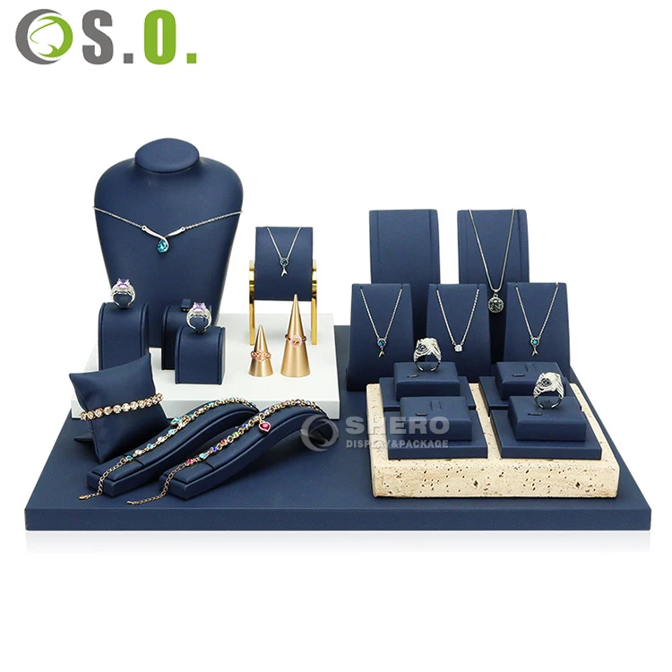 Customized Wholesale Brown Jewellery Stand Holder Velvet Suede Wood Metal Jewelry Display Set