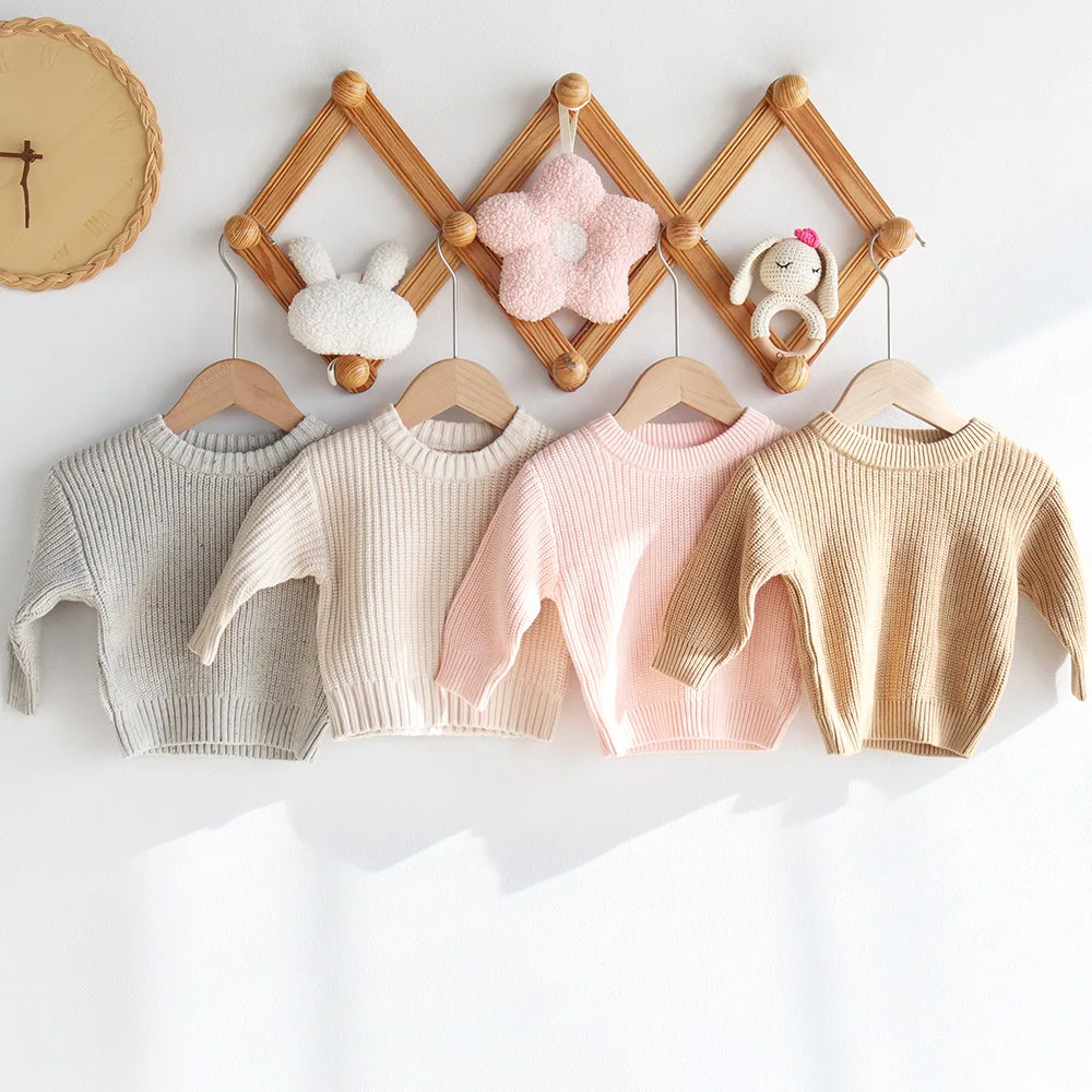 Hot Sale Custom Embroidery Autumn Winter 100% Organic Cotton Solid Color Girls Knit Long Sleeve Warm Wholesale Baby Sweater