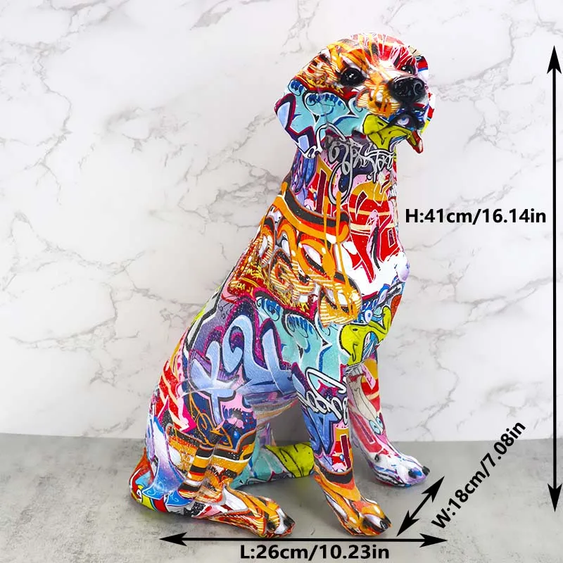 Creative Water Transfer Printing Artwork Colorful Labrador Dog Statue Sitting Resin Large Dog Statue