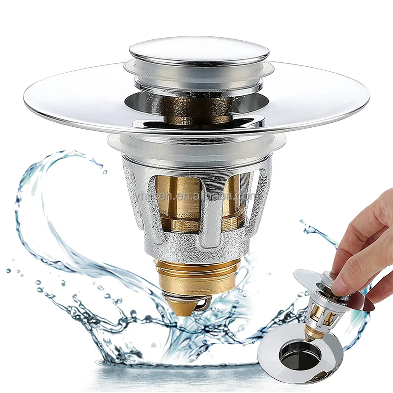 Wash Basin Brass Core Push Type With Anti-clogging Hair Catcher Bounce Core Filter Pop Up Sink Drain Plug Strainer
