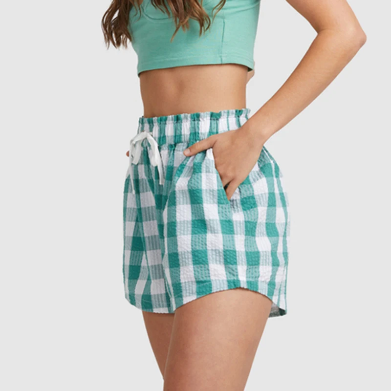 Summer Top Quality Comfortable Casual High Rise Waist Elastic Waist Plaid Cotton Shorts For Women
