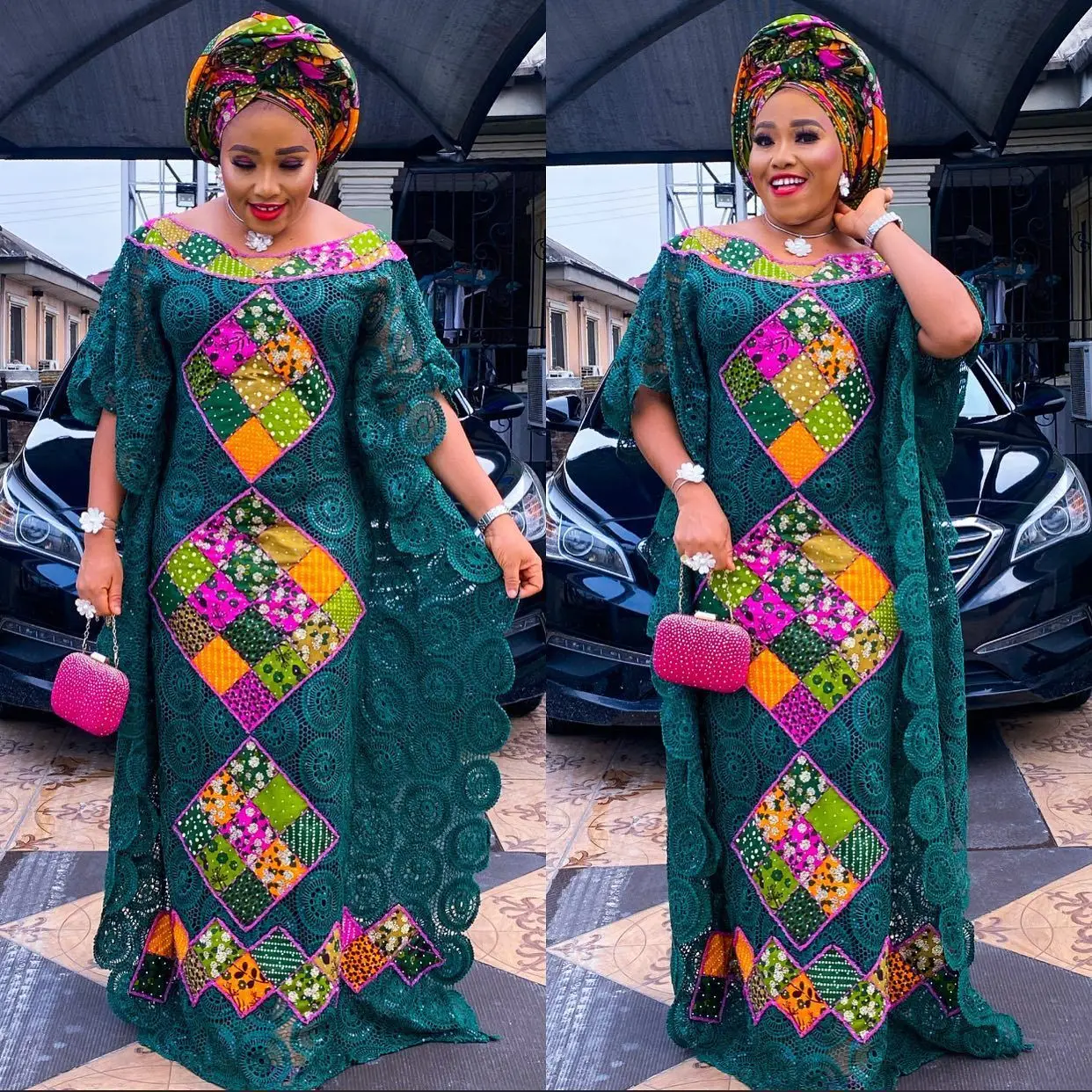 Plus Size African Dresses for Women Lace Robe 2022 Loose Dolman Sleeve Traditional Buba 2 Piece set Dashiki Abaya Robe
