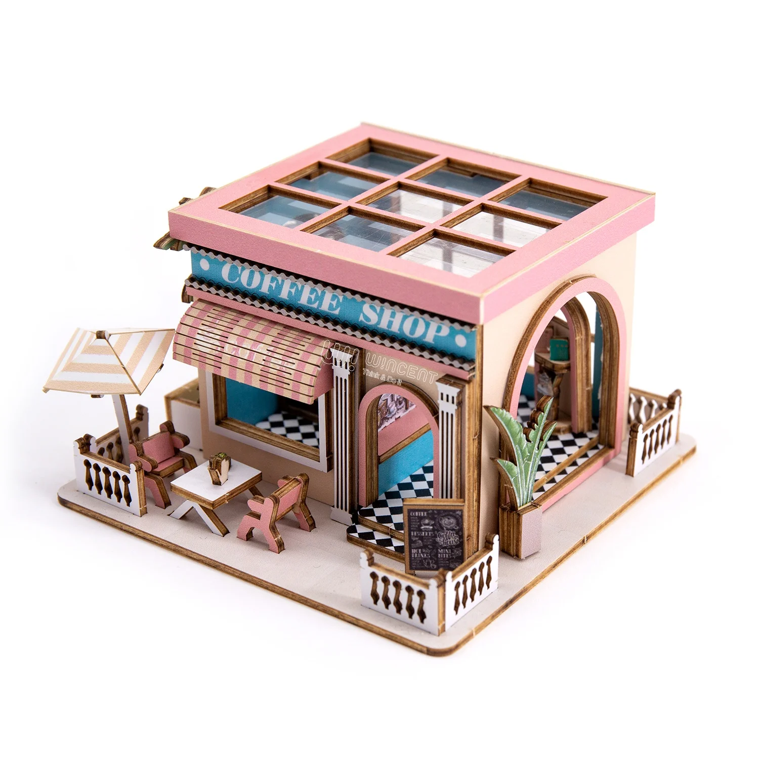 Wincent Wholesale Coffee Shop Style Wood doll house Diy 3d Miniature Dollhouse Kit For Girl