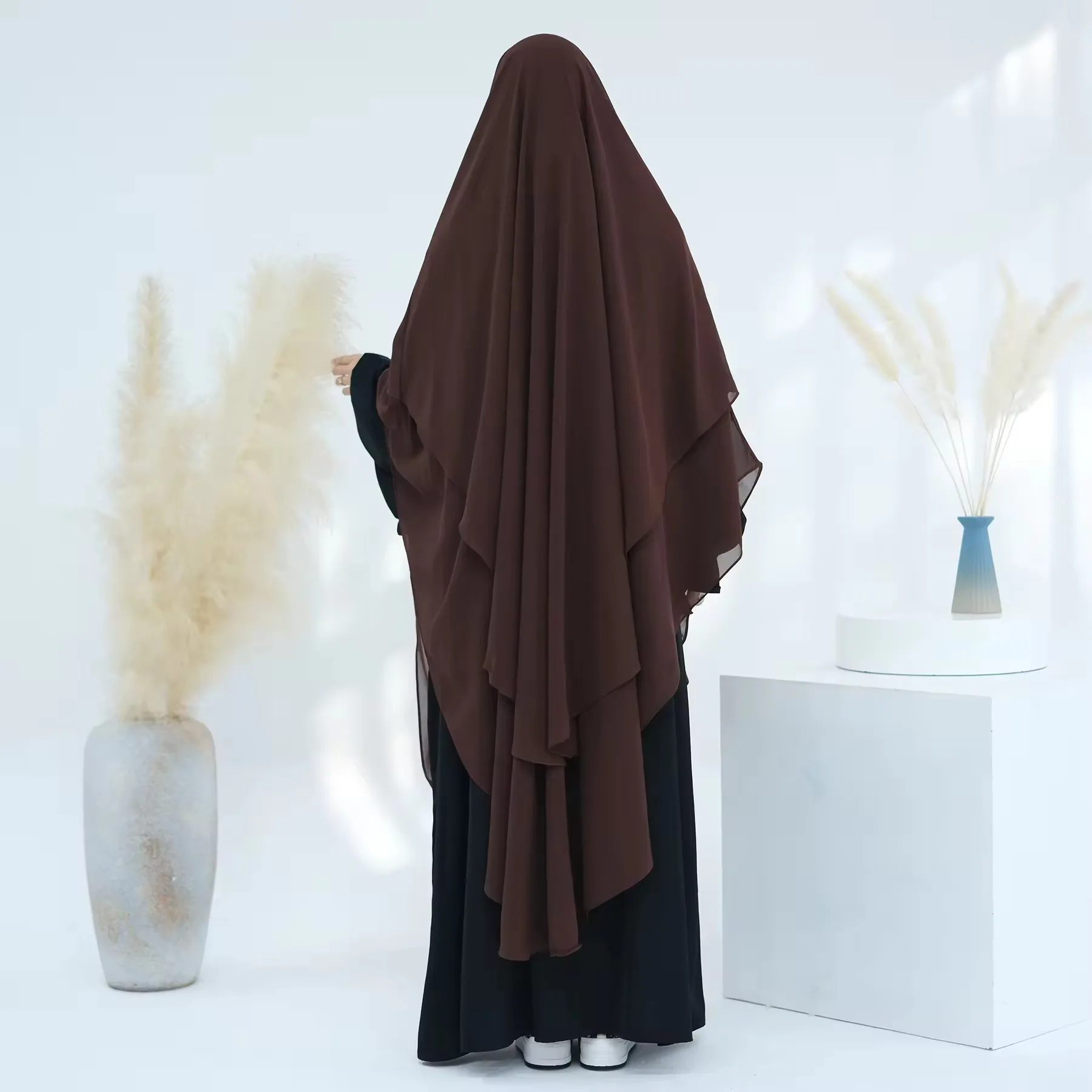 2024 New Turkey Overhead Tie Back Plain Prayer Scarf Muslim Women Hijab Dress 2 Layers Long Niqab Chiffon Khimar  satin